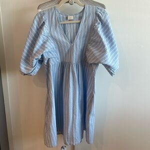 Light Blue Puff Sleeve Sun Dress Striped Gauzelike Material Medium